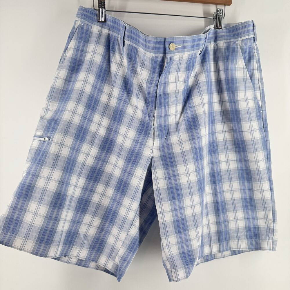 Grand Slam Golf Shorts Mens 42 Blue White Plaid Performance Flat Front